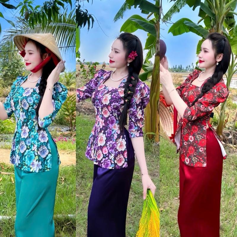 Bộ bà ba cổ nữ hoàng, áo lụa Bảo Anh, quần satin, tay lỡ, phồng vai/Sét Lam cổ nữ hoàng, áo lụa Bảo Anh hoa, quần lụa sa tin Women Top