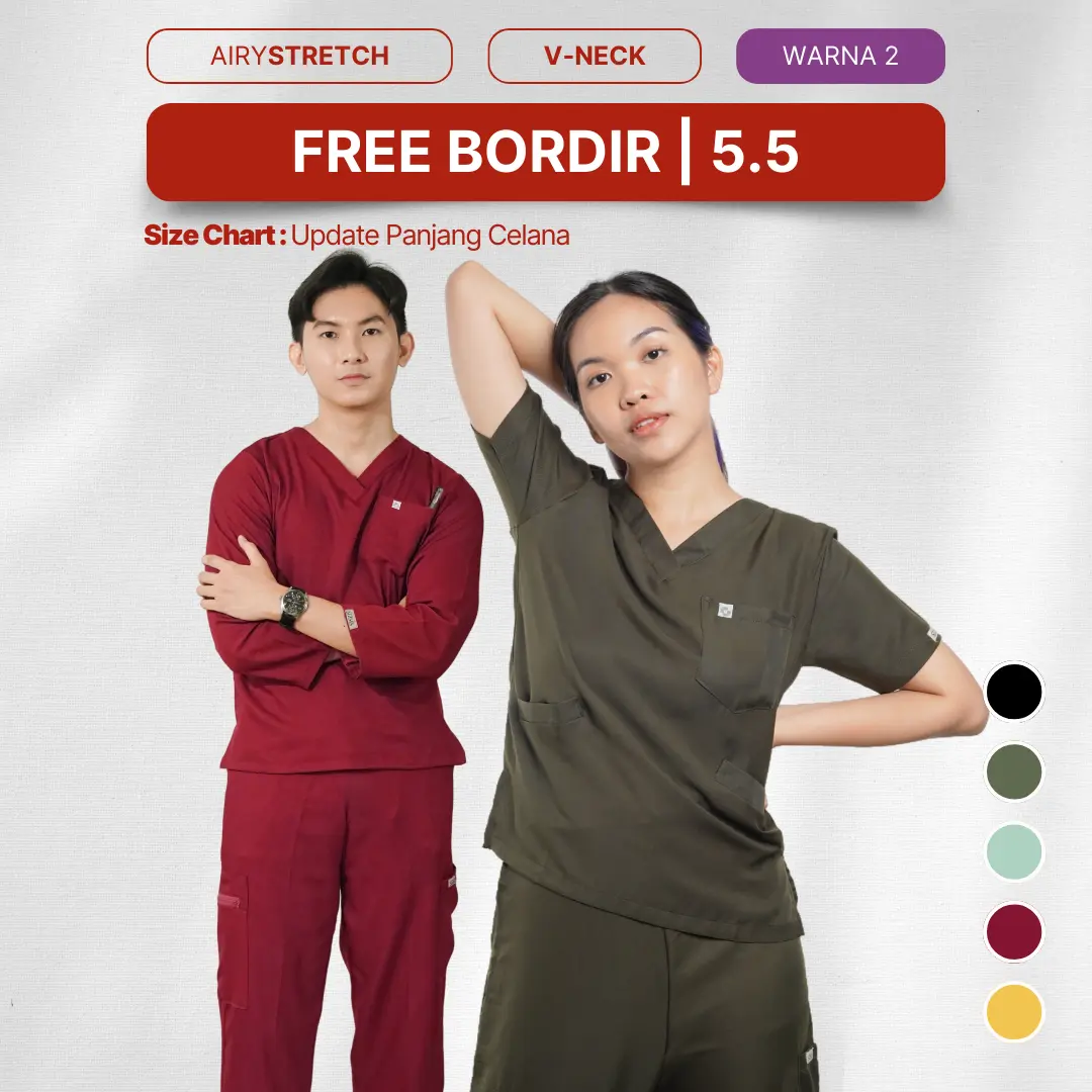 Airy Stretch - Baju V-Neck - Home Of Stasis Warna 2 - Medical Scrub Doctor’s Baju Celana Jaga Karet Panjang 7/8 pendek V Neck Joger Karet Cargo OKA OK Perawat/Dokter Nakes Polydex, seragam pria wanita Set Terpisah Free Bordir Safety
