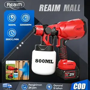 REAIM Spray Gun Listrik Baterai 21V 800ML Mesin Cat Semprot Cordless Sprayer Cat Portable Alat Semprot Cat Untuk Cat Tembok Kayu Besi Pagar Renovasi Proyek Rumah Tukang Cat Profesional 32000RPM 350CCMIN Kuat Tahan Lama Garansi 5 Tahun