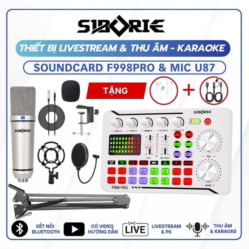 SIBORIE - BẢN TIẾNG VIỆT Bộ Soundcard F998VN + Micro U87-5V Livestream Bluetooth Thiết bị Thu Âm Chuyên Nghiệp Tai Nghe Phụ Kiện Dây Sạc Tối Ưu Chất Lượng Âm Thanh micro livestream stream live mic thu âm hát live tích hợp nhiều hiệu ứng