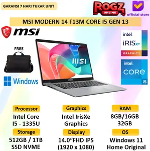 Laptop MSI Modern 14 Core I5 Gen 13 32GB 1TB SSD Windows 11 14 Inch IPS Panel F13MG