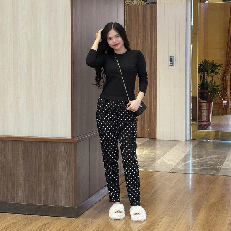  SET Đồ Bộ Nữ chất liệu Borip Cao Cấp Áo Cổ Tròn Tay Dài ôm Body phối Quần Baggy May Kĩ Chuẩn Form Trẻ Trung Tôn Dáng size 48 - 65KG. 