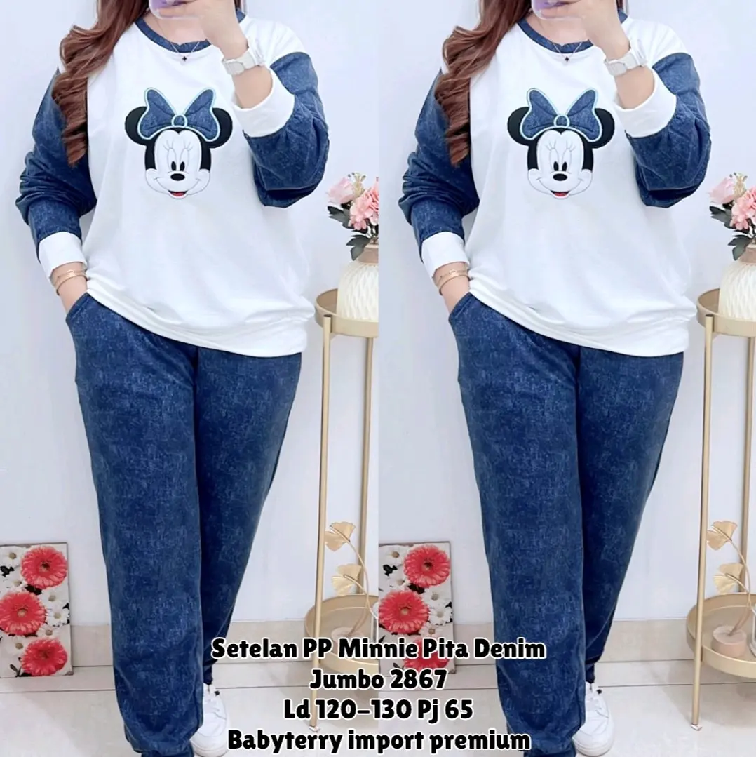 2867 SETELAN PP MINNIE PITA DENIM JUMBO WANITA/SETELAN BAHAN BABYTERRY WANITA/ONE SET LD 120-130