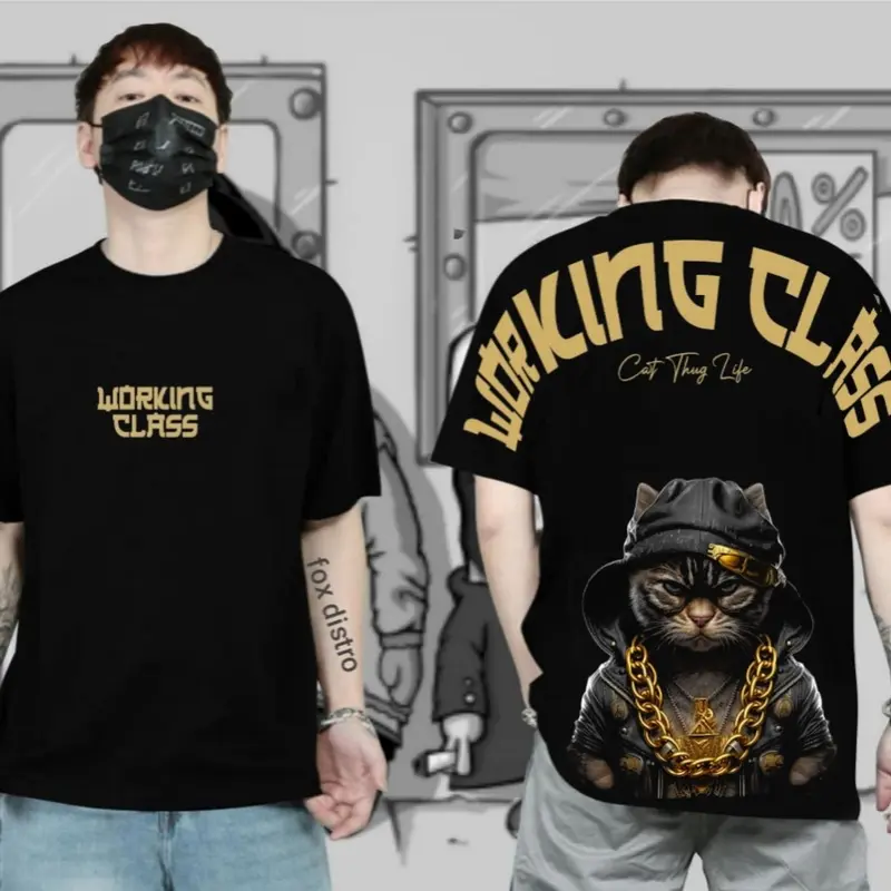 Atasan Kaos T-Shirt Pria Distro Streetwear Motif CAT WORKING Warna Hitam Lengan Pendek Terbaru Bahan Katun 0