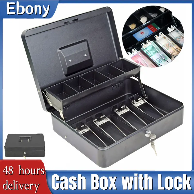 [SG SELLER LOCAL STOCK] Large Cash Box with Money Tray and Lock, Metal Money Box Safe, Cash Register, 5 Compartments Cantilever Tray & 4 Spring-Loaded Clips for Bills, 30cm x 24cm x 9cm, Black