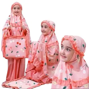 Mukena Muslim Anak Motif Cherry Karakter Lucu Cantik Terbaru 2-10 Tahun Nyaman Katun Panjang Pink Renda Mukenah Lembut