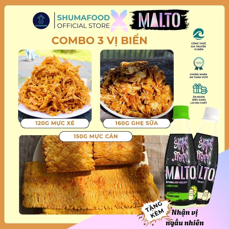 Combo 3 vị biển Gồm 150g khô mực cán tẩm, 160g khô ghẹ, 120g khô mực xé sợi chiên giòn ShumaFood snack ăn vặt