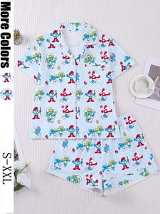 Conjunto de ropa de dormir para mujer de 2 piezas con estampado de elfo, top de manga corta con botones frontales y shorts elásticos, ropa cómoda e informal para casa, pijamas festivas