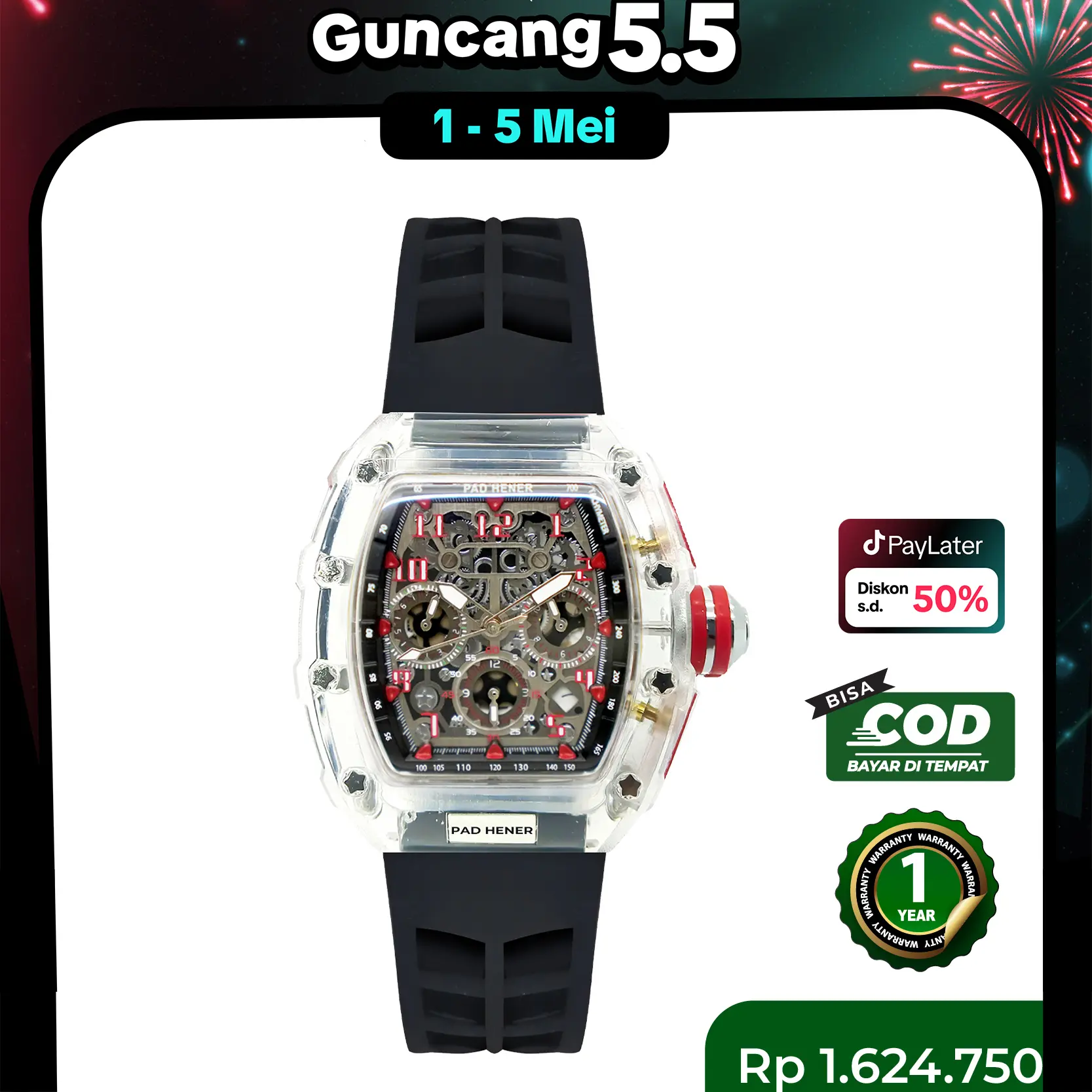 PAD HENER VASTIA Jam Tangan Pria Wanita Anti Air Tanggal Aktif Plexy Glass Quartz Multifungsi + Kotak Eksklusif