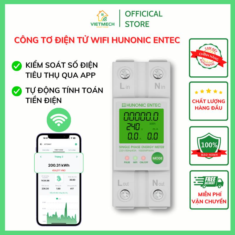 Công tơ điện tử Hunonic Entec Wifi - Đo đếm chính xác các chỉ số điện năng, Tự động tính toán tiền điện, Cảnh báo an toàn, App tiếng Việt