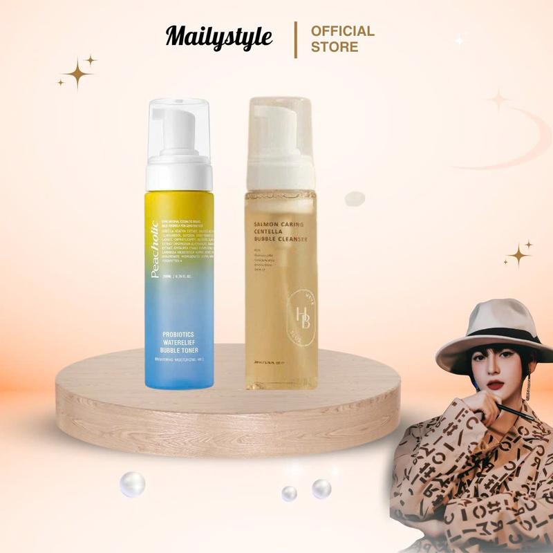 S113_ KÈM QUÀ Combo 1 chai Sữa Rửa Mặt Tạo Bọt Salmon Caring Centella Bubble Cleanser Heveblue 200ml C37 + Toner Ngải Cứu Peacholic 200ml Bản Mới M43 Chăm Sóc Làm Sạch Da
