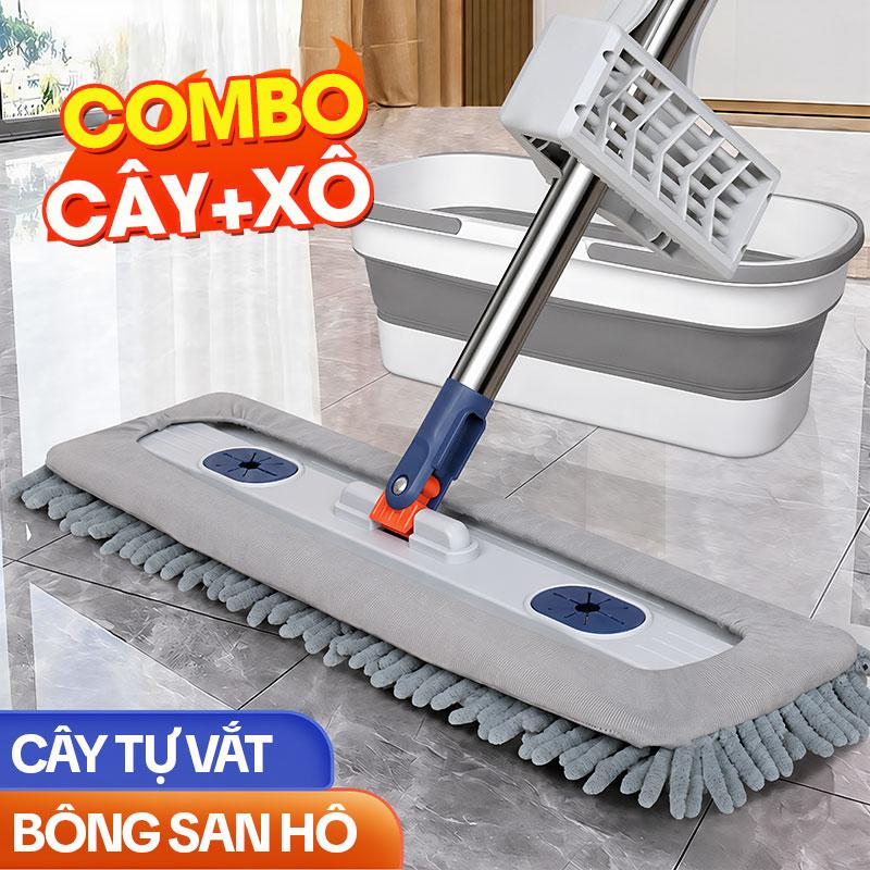 Combo Cây Lau Nhà Tự Vắt Bông San Hô 45cm KITIMOP CORAL KTMC-01 + Xô Đựng Nước Gấp Gọn Silicon TANK-01 (Cây màu Ghi Xám, Xô màu Trắng Xám )