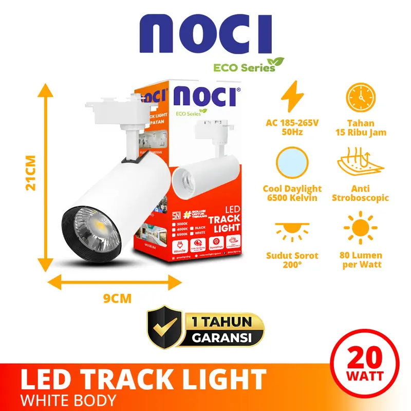 Noci Eco Series Lampu Sorot Rel LED Track Light 10-30 Watt Cahaya Kuning 3000K/Putih 6500K Warna Bodi Hitam/Putih Super Terang Hemat Daya