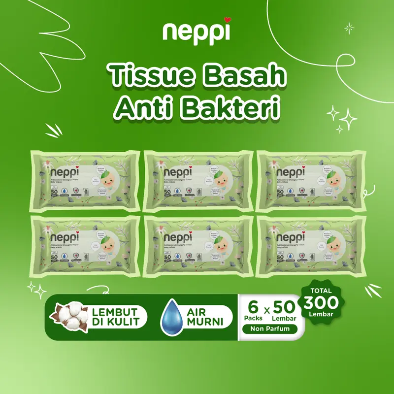 (6 Pcs x 50 Lembar) Neppi Tisu / Tissue Basah Antibacterial Changing diapers Wipes Non-Parfum 0