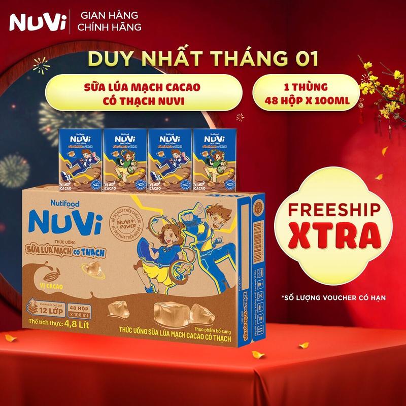 Thùng 48 Hộp Thức Uống Sữa Lúa Mạch Cacao Có Thạch NuVi 100ml