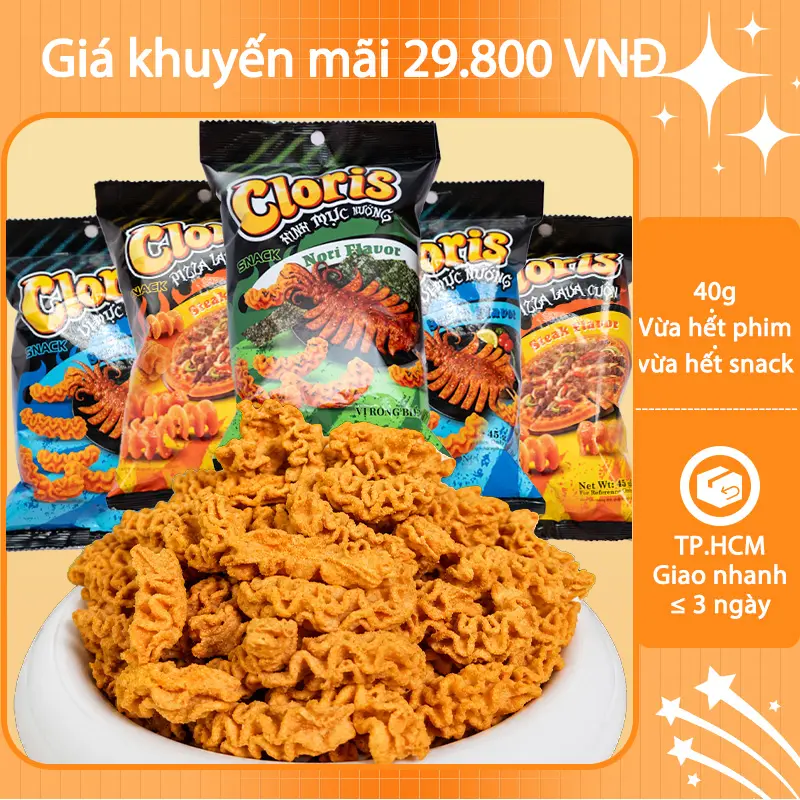 Cloris 40g Gói Lớn Bim Bim Snack Hình Mực Nướng Giòn Combo Vị Mực Vị Rong Biển Vị Pizza Snack Ăn Vặt Thơm Ngon Giòn Rụm Đậm Vị Ăn Vặt Xem Phim