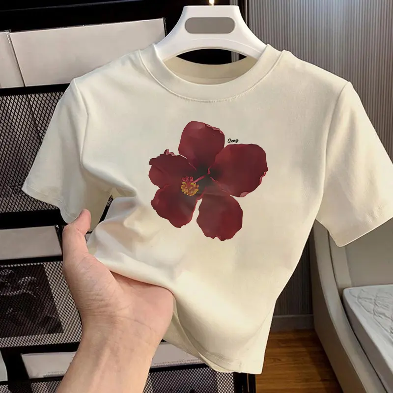 YIYOYI  O151 Baju Pendek Wanita Crop Top Ketat Putih Polos Wanita Flower Print Style Baju Basic Crop Top Kaos Atasan Cewek Tee Hitam Motif Katun 1
