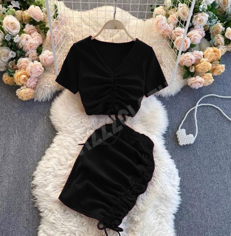 SETELAN ANAK PEREMPUAN (code5587) ATASAN V NECK TALI SERUT & MINI SKIRT TALI SERUT SIZE 1 - 5 tahun 2