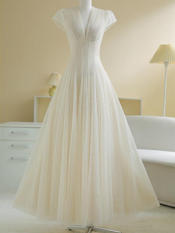  SÒ VINTAGE - ACELIA đầm ren lót lưới dập li cổ V dáng xòe 