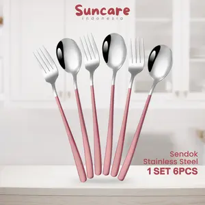 Suncare [PINK] Sendok Korea baja tahan karat 304 Dalam Peralatan Makan Sendok Makan Rumah Tangga Tebal Sendok Bergagang Panjang