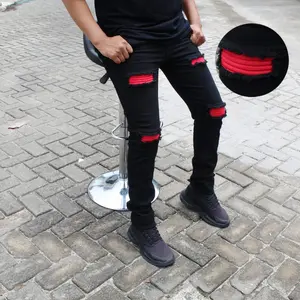 Celana Jeans Hitam Sobek Tambal LEATHER PATCH / Celana Sobek Pakai Lapisan PATCH MERAH