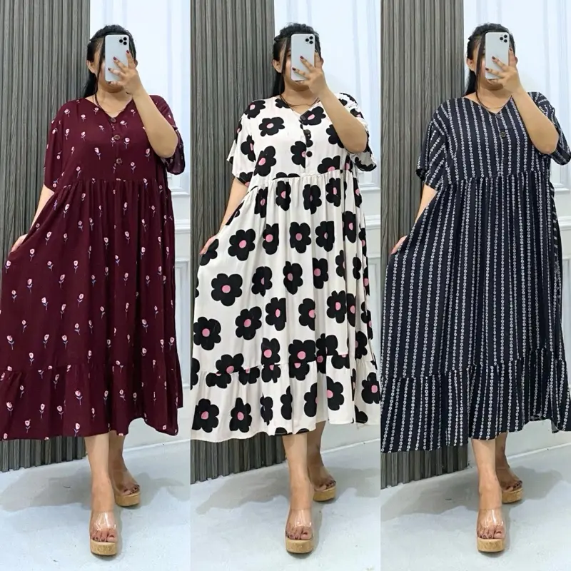 Daster Rayon Jumbo Wanita LD 140cm Lengan Pendek Rample Bawah Busui Able Nyaman Lembut dengan Kancing Aktif di Depan 0