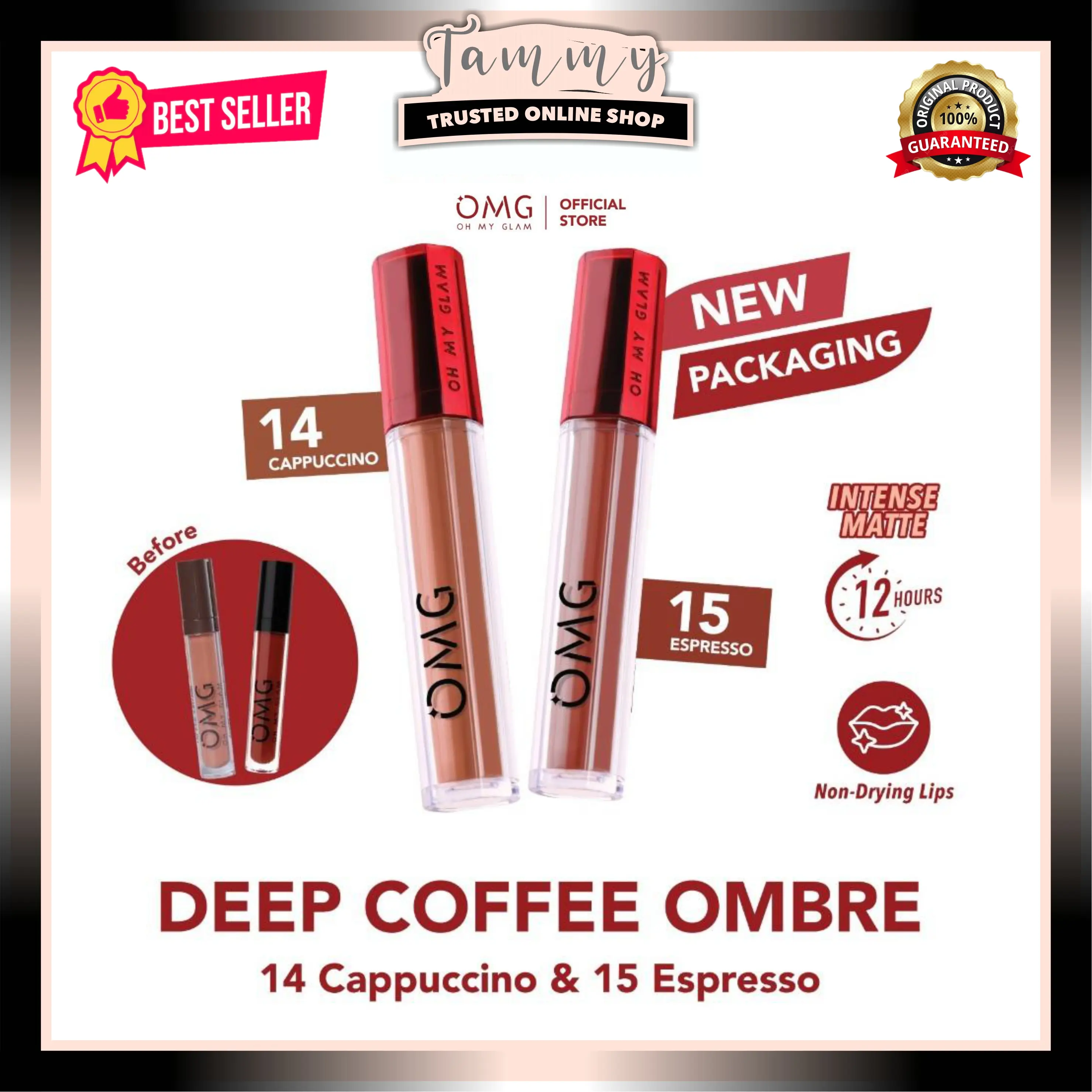 Paket Ombre OMG OH MY GLAM Mattelast Lip Cream | Coffee Edition | Socialite | Tahan Lama & Ringan | Kemasan Baru Gloss Lipstick