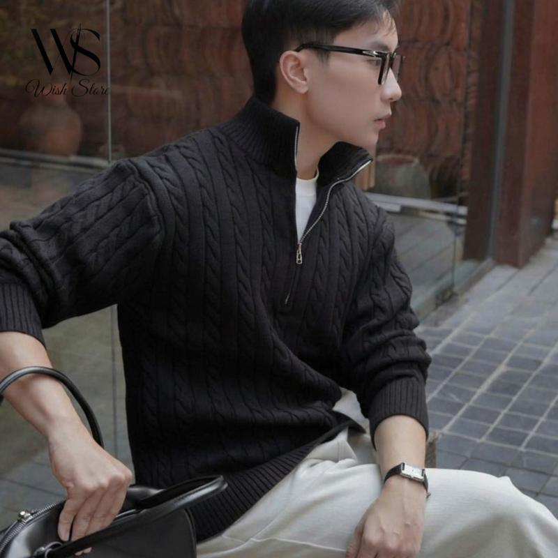 Áo Len HALF ZIP Vặn Thừng Cao Cấp, Áo Len Nam Nữ Halfzip Hàn Quốc hiện đại, Áo Len Lông Cừu Cao Cấp, Wish Store, Wish Store HN, Áo Len Lông Thỏ - AL27 Menswear
