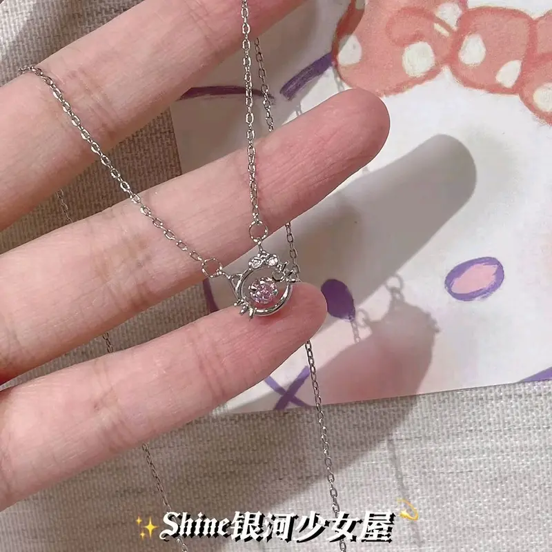 S925 Kalung Kucing KT  Merah Muda Hellokitty Rantai  Zircon  - Kalung Busur  Zircon HK - Kalung  Hellokitty 1