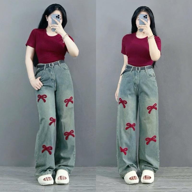 Quần jean nơ thêu ống rộng Bigsize dáng dài cho nữ chubby từ (50-92kg) q551/q547 quần jean ống suông