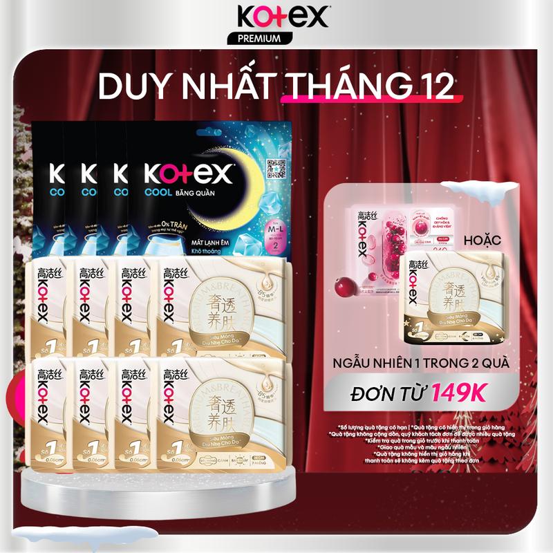  Combo 8 gói Băng Vệ Sinh Kotex Nhập Khẩu Cicada Siêu Mỏng Cánh 24cm 7 miếng + Combo 4 Gói băng vệ sinh Kotex Dạng Quần Cool cỡ M L 2 Miếng 