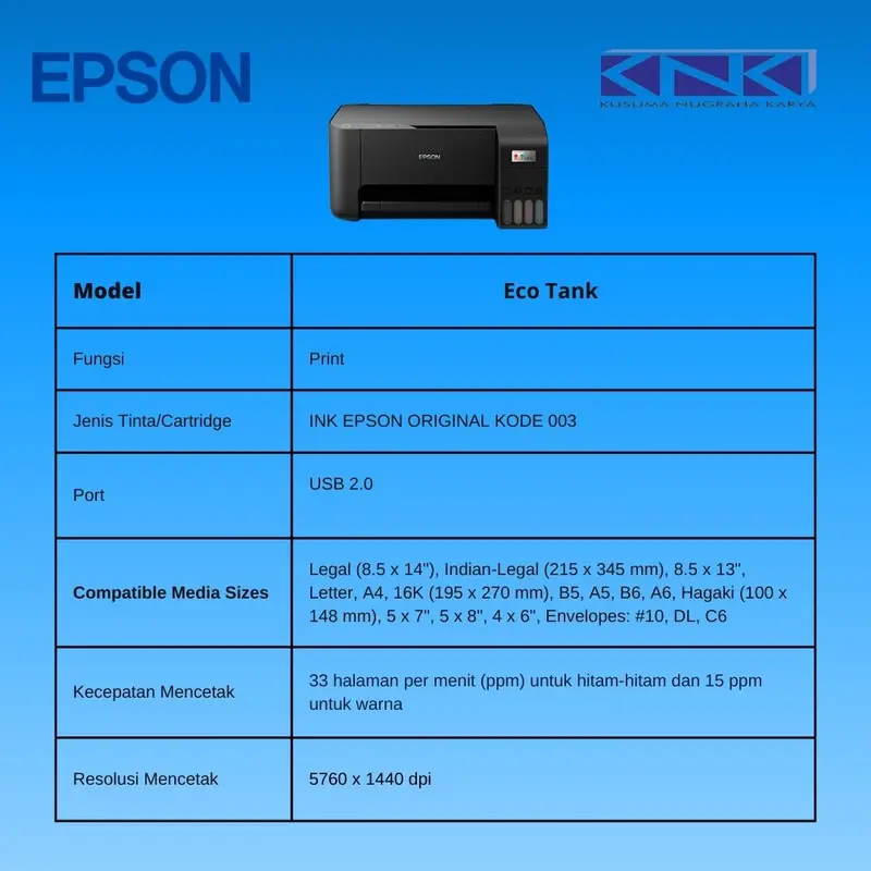 Printer Epson L1210 Pengganti L1110 Print Only Black Tinta 003 C13T00V 2