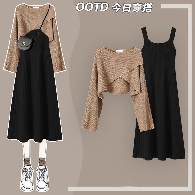 Product Introduction of Autumn and Winter Set Women's 2023 New Style Wear Design Sense Short Sweater Women's Slim Slim Strap Dress Two Piece Set 4