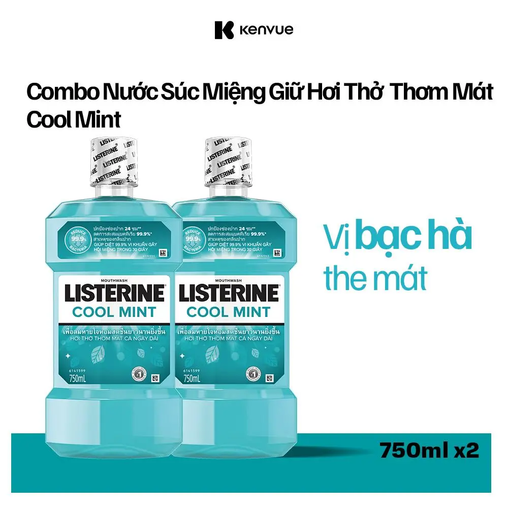 Bộ 2 Chai Nước súc miệng Listerine Cool mint vị bạc hà the mát 750ml x 2 | Thơm Miệng