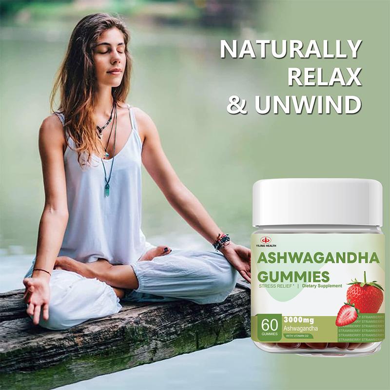Kẹo cao su Ashwagandha, Yiling, 3000 mg Chiết xuất gốc Ashwagandha có hiệu lực cao, với Vitamin D2, dành cho nam và nữ, Hương vị dâu tây, 60 Đếm (Gói 1) kẹo  dẻo 4