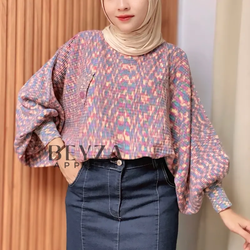 [Beyza Apparel] Karin Batwing Rajut Premium Atasan Wanita Korean Style Motif Abstract Blouse Kelelawar Lengan Balon Baju Panjang Oversize Knitwear 2