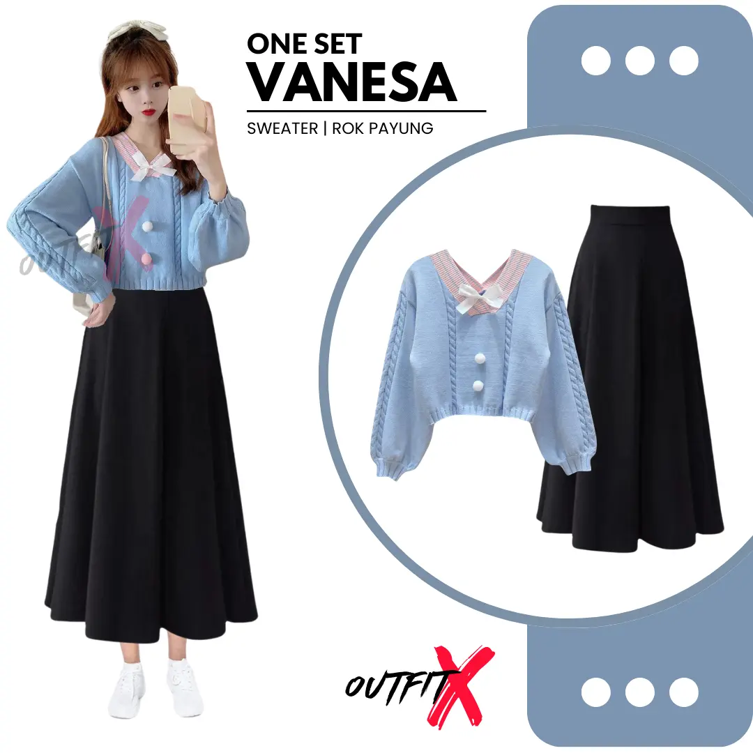 Setelan wanita one set  One Set Vanesa Sweater dan Rok Payung Setelan Outfit 3in1 OOTD Wanita Kekinian Korea Style Lembut Nyaman Baju Atasan Pita Panjang