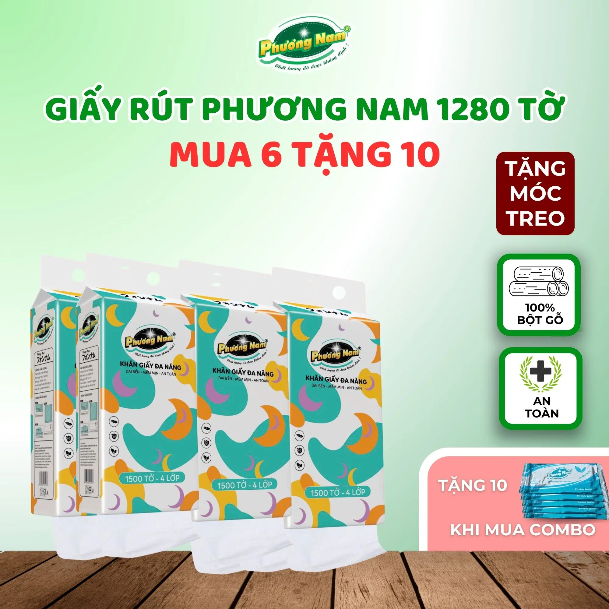 [COMBO 6 BỊCH] Khăn Giấy Rút Treo Tường 1000 Tờ Đa Năng Phương Nam - 4 Lớp Mềm Mịn - Tiện Lợi Cho Mọi không Gian - Tặng 10 bịch khăn lạnh cao cấp