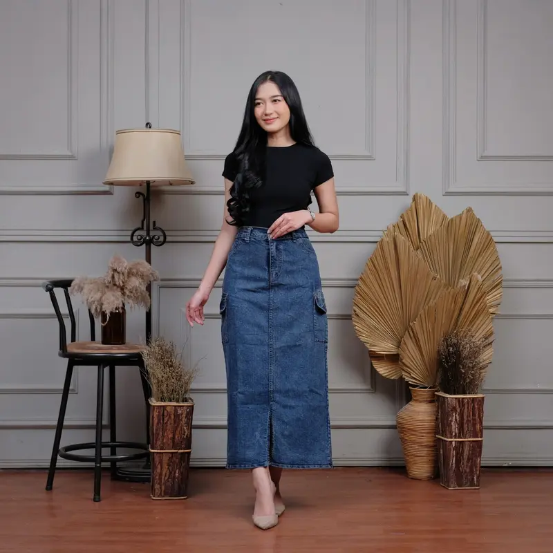 Foto AR46 - Highwaist Rok Wanita Cargo Jeans Premium Bahan Stretcy Melar Pinggang Karet Jumbo Panjang style Athumb2