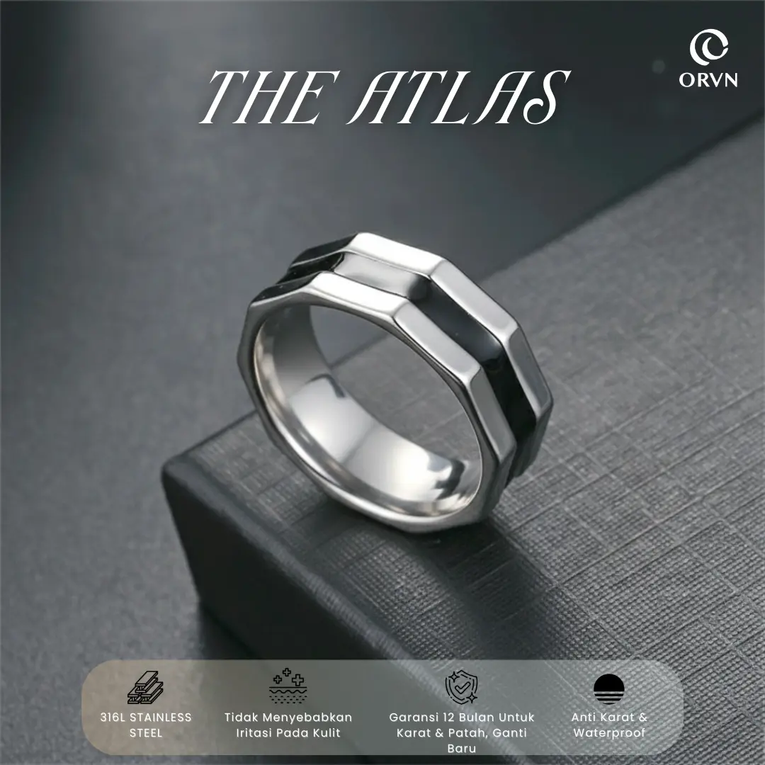 ORVAN – ATLAS RING – [Beli 3 Gratis 1] Cincin Silver Unisex Pria Wanita Model Industrial Minimalist, Clean Look, Tegas, Elegan Modern, Anti Luntur, Stainless Steel Premium, Anti Karat (Garansi 12 Bulan)