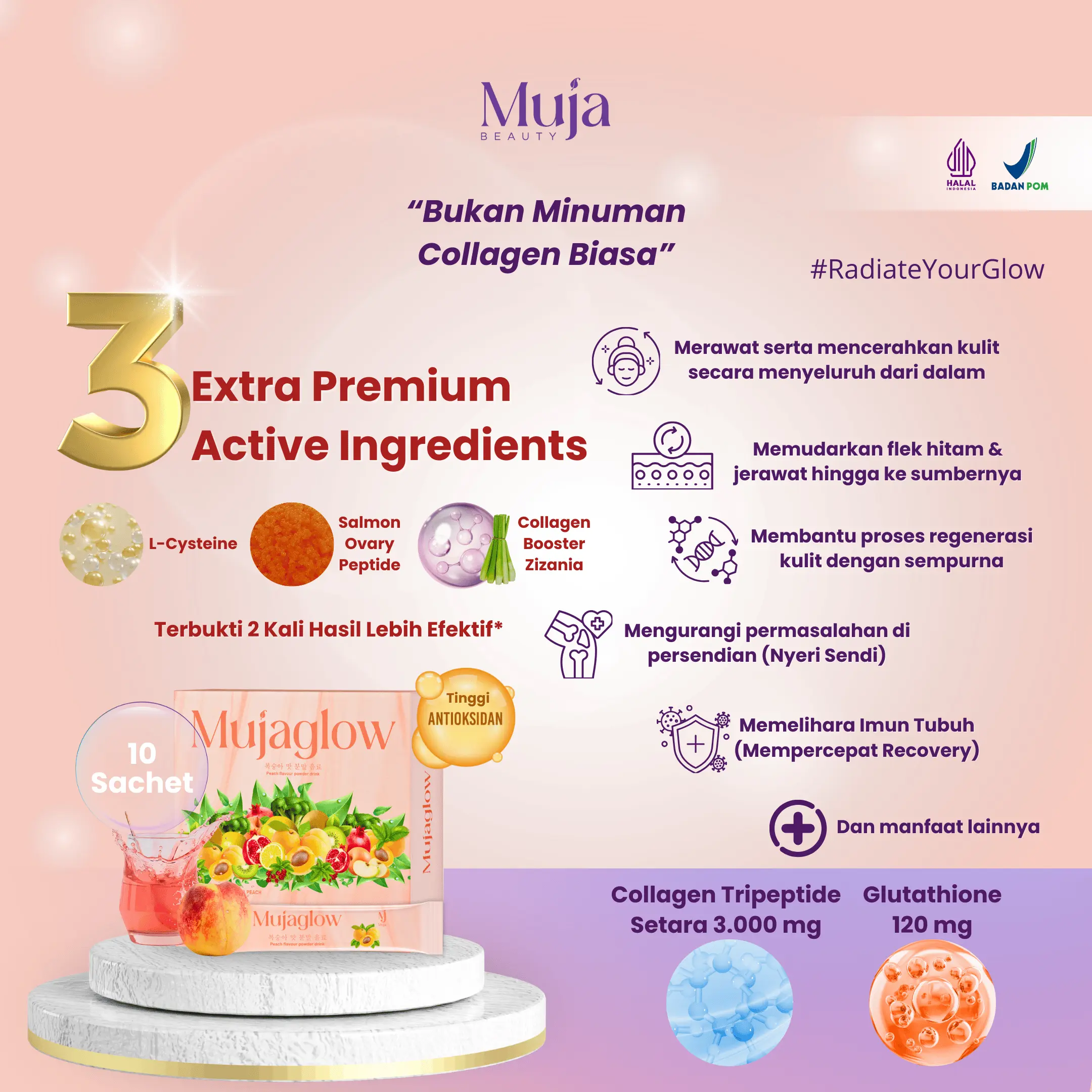 MUJAGLOW minuman Collagen glutathione Drink by Mulan Jameela - 1 Box (10  Sachets) supplement peptide Peach - Shop