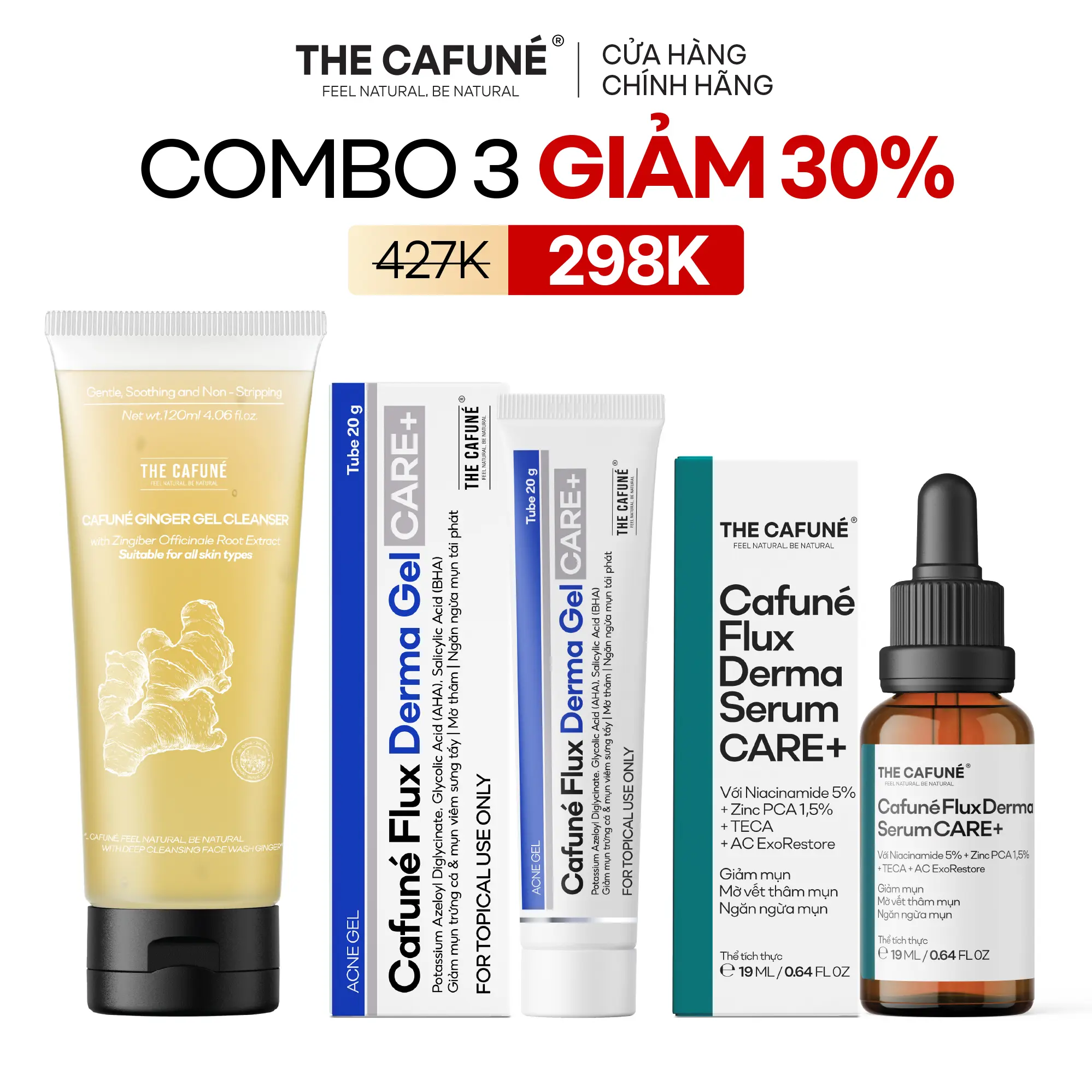 The Cafuné Combo Serum Mụn, Sữa Rửa Mặt Gừng, Gel Chấm Mụn Flux Derma 120gram Skincare Chăm Sóc Da Làm Đẹp Da