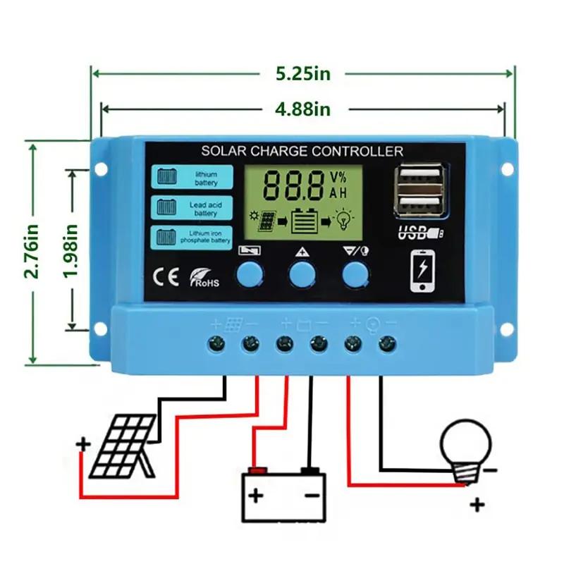 Product Introduction of Solar Controller 12V/24V 30A 20A 10A Solar Regulator PWM Battery Charger LCD Display Dual USB 5V Output Metal Adjustable Metal Adjustable 45