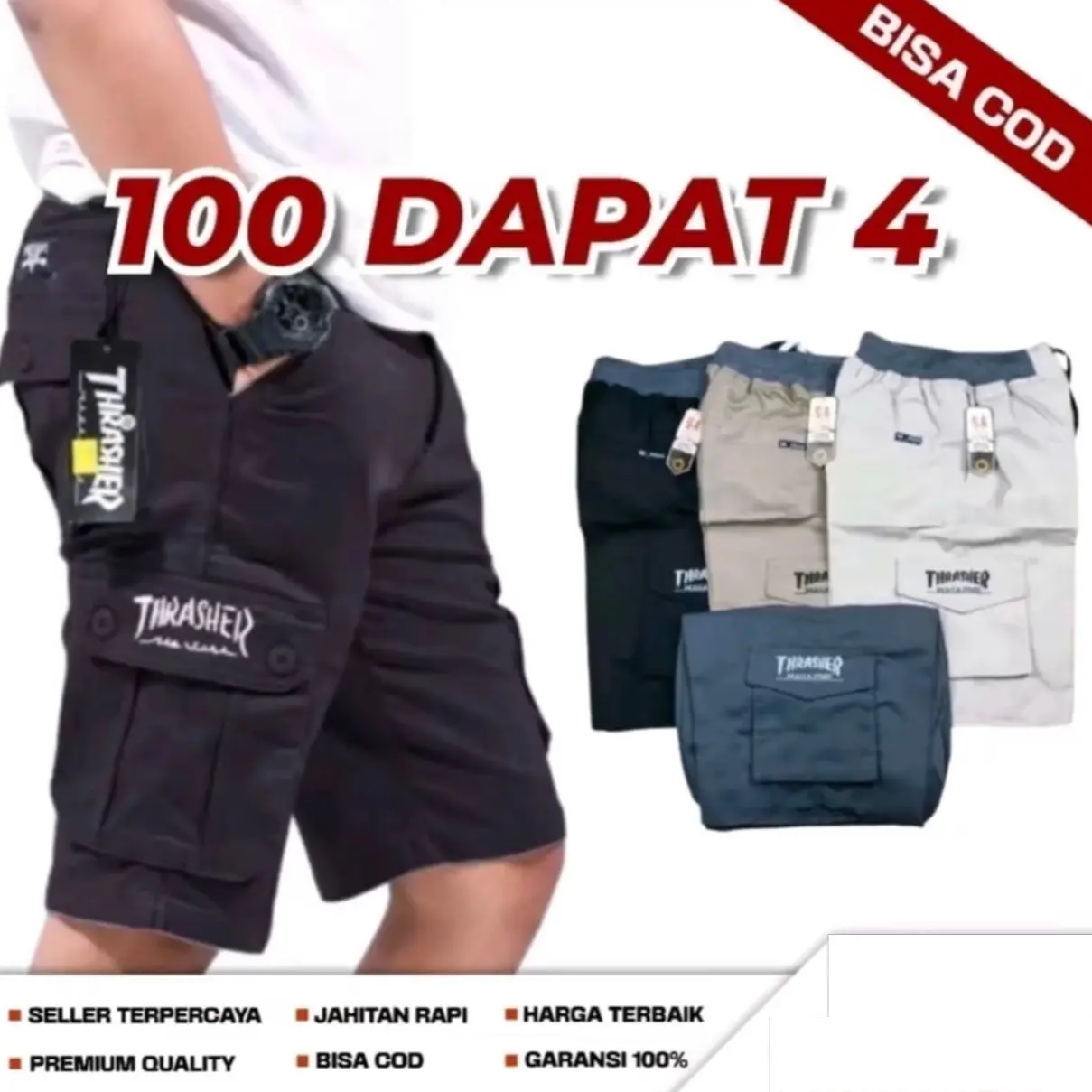 Paket 100 ribu dpt 4 pcs Celana Cargo Thraser Fashion  Pendek Pria Tebal