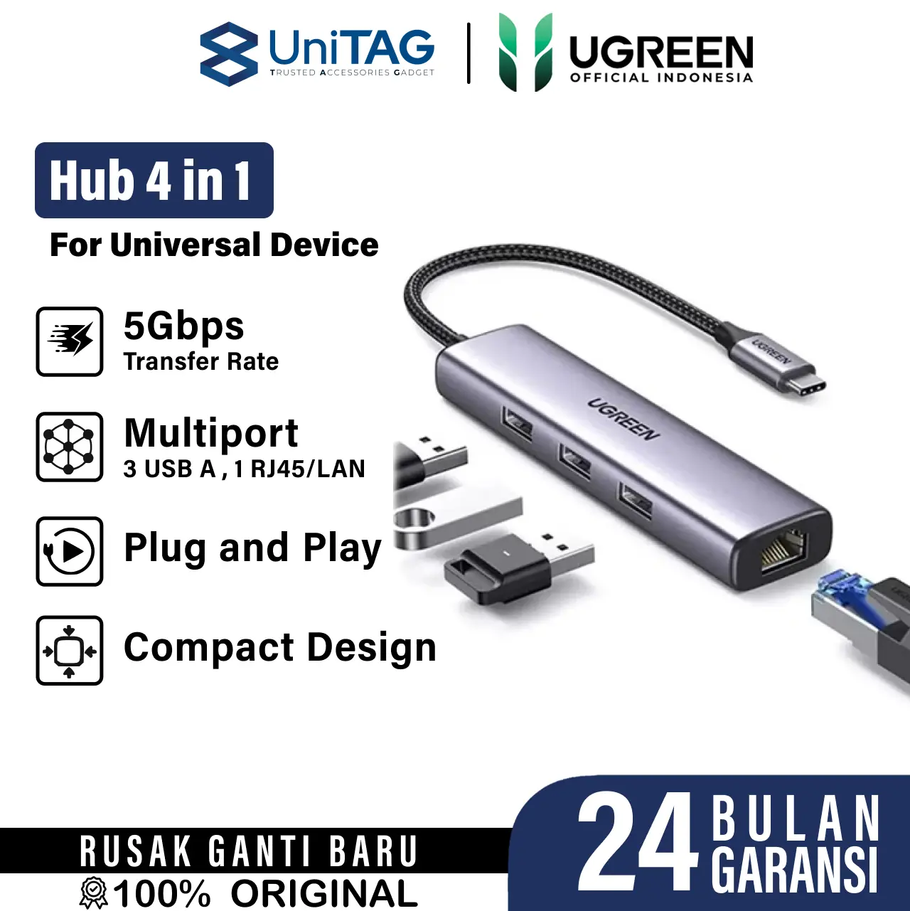 UGREEN USB HUB C Laptop Macbook Komputer HDMI VGA Jack Audio RJ45 TF SD CARD