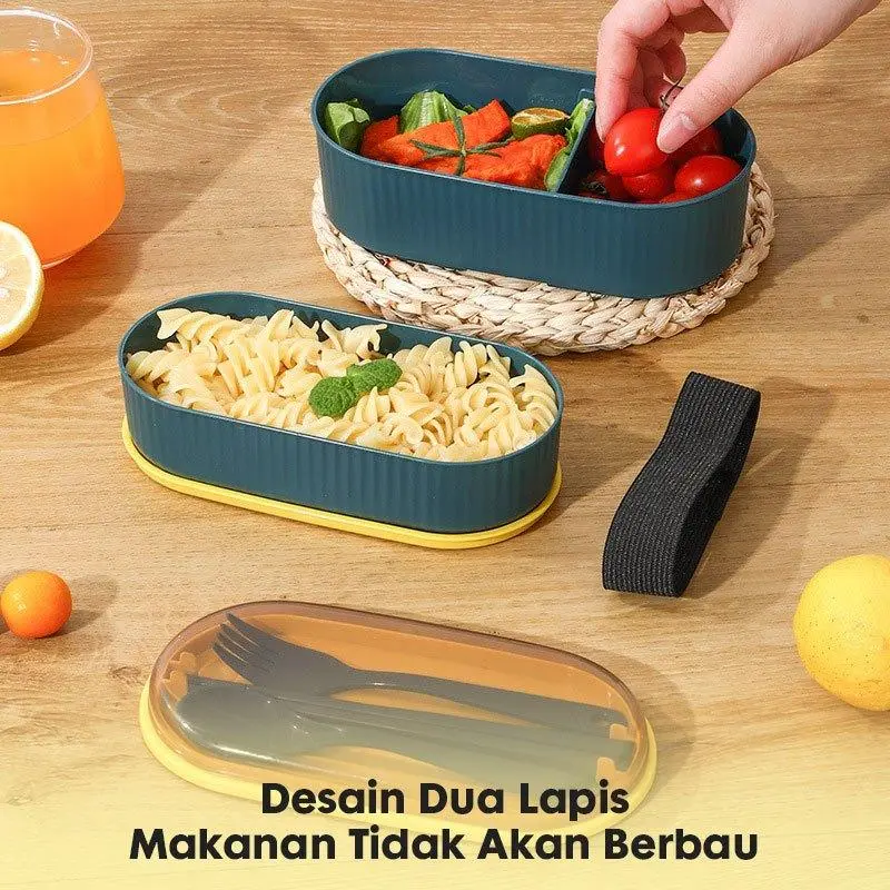 Lunch Box Kotak Makan 700ML 2 Layers I Bento Box Free Sendok I BPA Free Blue Kitchenware  Garpu  Pink Tali 1