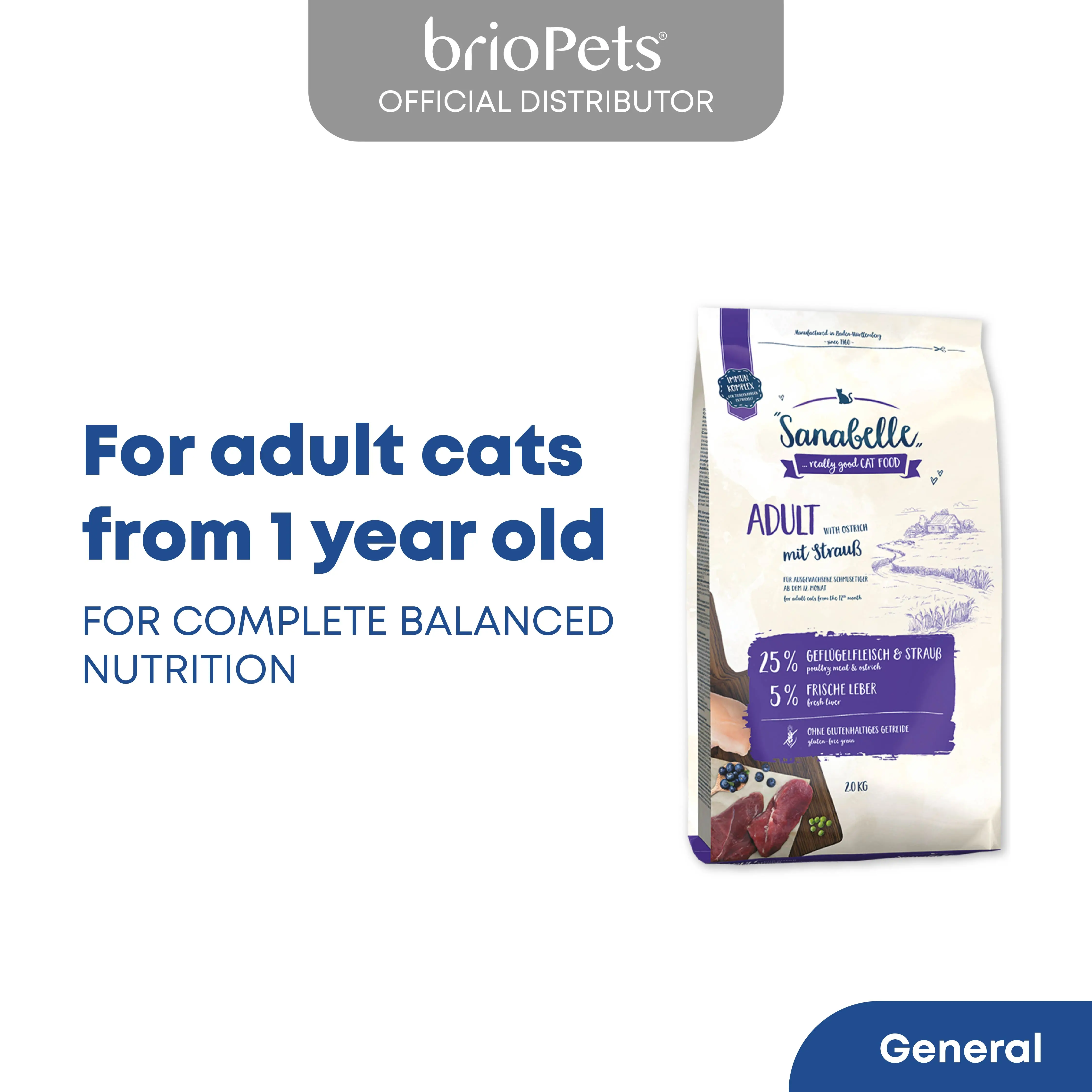 Sanabelle Adult Ostrich Dry Cat Food for Adult Cats 400g, 2kg & 10kg