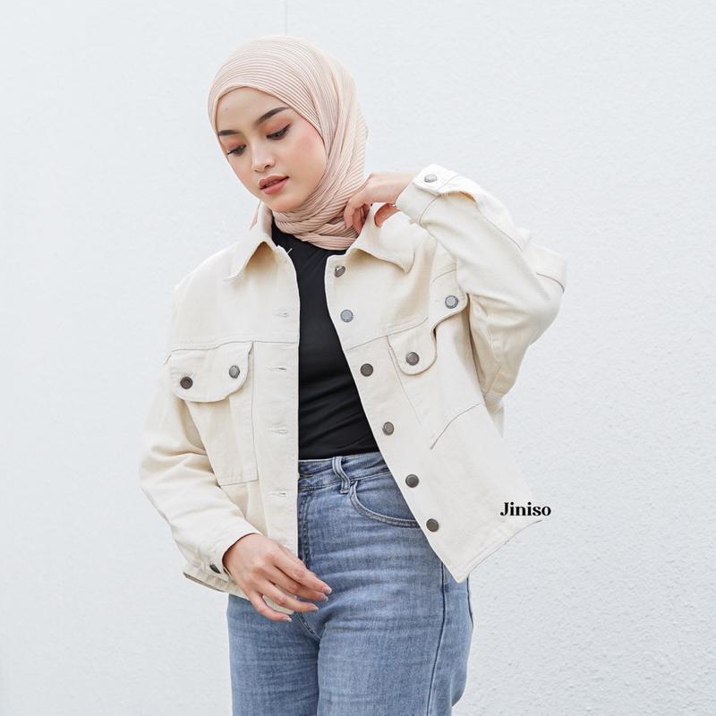 JINISO Jaket Crop Jeans Oversize Pocket Khaki 4