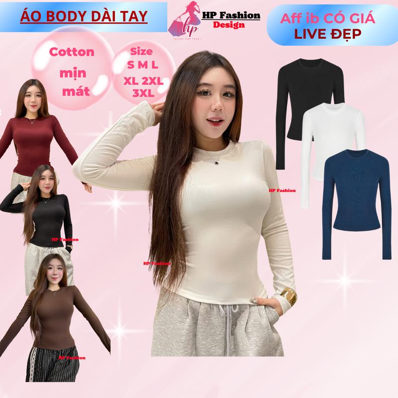  Áo thun dài tay cổ tròn nữ ôm bó body chiết eo  basic áo phông vải cotton mịn cao cấp co giãn có bigsize mùa hè thu đông HP82 