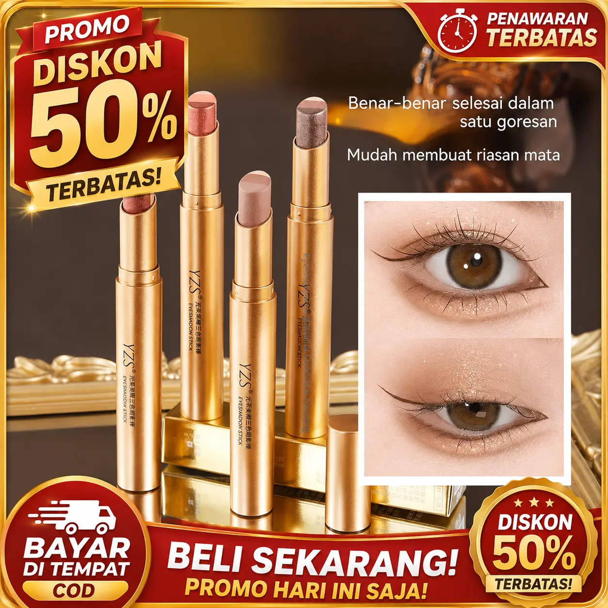 【A】【Produk Resmi】YZS Eyeshadow Stick dengan Gradasi Halus dan Pigmentasi Kuat, Bisa Dipakai untuk Highlight dan Eyeshadow, Cocok untuk Pemula dan Pengguna yang Sibuk, Tahan Lama dengan 3 Warna